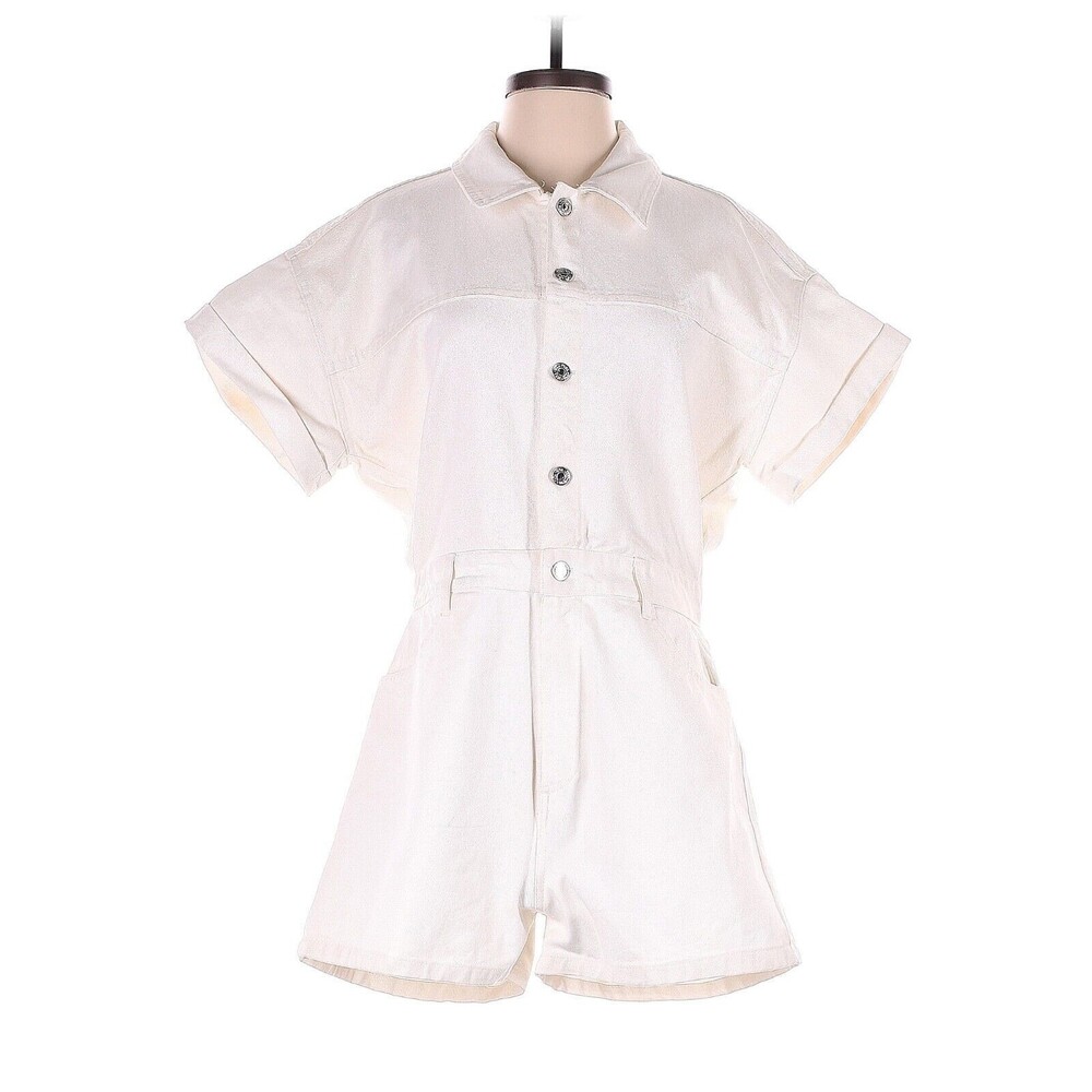 ZARA Solid White Short Sleeve Denim Romper - L